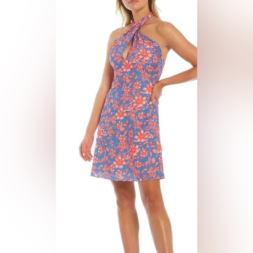 Belle Badgley Mischka Delilah Halter Dress Womens Size 14 Floral Coral Multi NWT